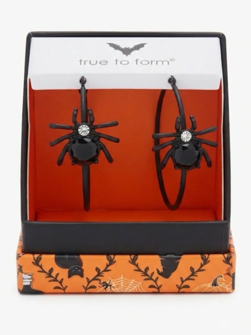 True To Form Black Spider Hoop Crystal Halloween Earrings New in Box